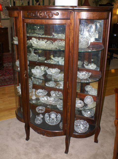 Walnut Triple Bow Front Antique China Cabinet