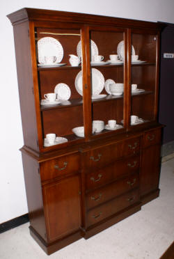 mahogany breakfront china cabinet with open glass top
