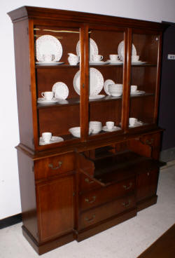 mahogany breakfront china cabinet with open glass top