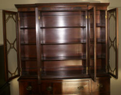 two piece mahogany breakfront china cabinet with butlers desk