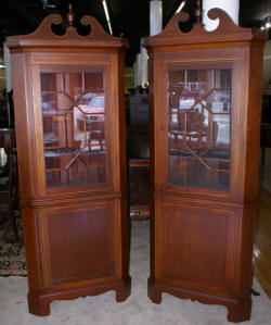 Pair of Biggs solid mahogany inlaid tall corner cabinet