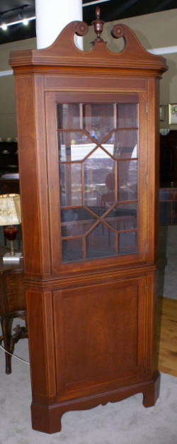 Pair of Biggs furniture solid mahogany inlaid tall corner cabinet