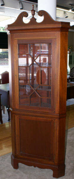 Pair of Biggs furniture solid mahogany inlaid tall corner cabinet