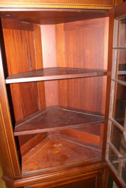 Pair of Biggs furniture solid mahogany inlaid tall corner cabinets