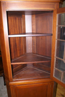 Pair of Biggs furniture solid mahogany inlaid tall corner cabinets