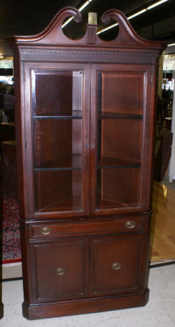 Beveled glass dark mahogany corner cabinet