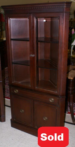 beveled glass dark mahogany corner cabinet