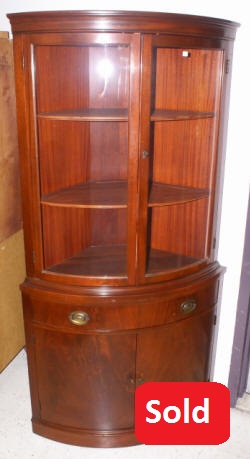 custom made mahogany bow front corner cabinet