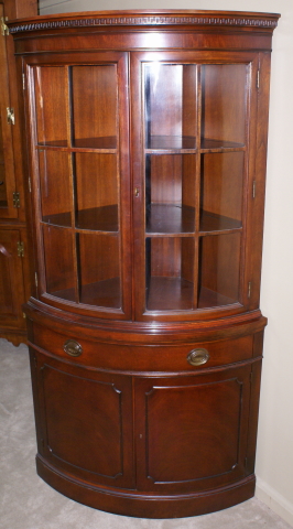 drexel travis court collection mahogany bow front corner cabinet