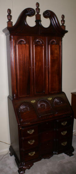 Mahogany Chippendale block front shell carved two piece blind door secretary desk