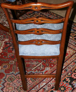 Banded inlaid modern mahogany dining room table with a set of 8 1940s ribbon back solid mahogany dining room chairs
